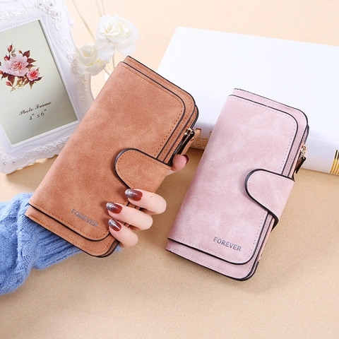 Cartera Larga Para Mujer Bolso De Mano De Cuero PU Mate Ranuras Para Tarjetas Cremallera Hebilla Estilo Coreano Elegante
