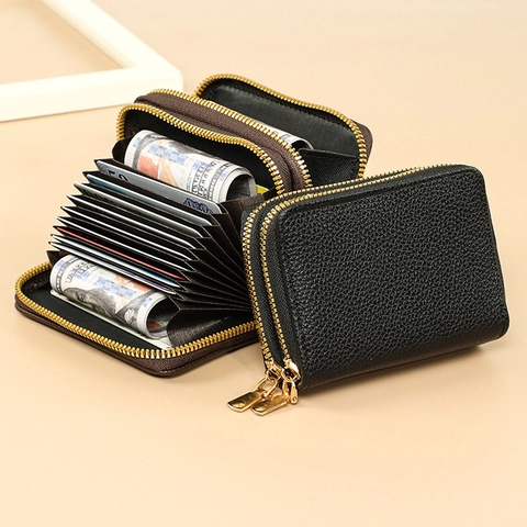 Double Zipper Card Holder PU Leather Litchi Grain Accordion Style Large Capacity Multi Card Slot Minimalist Wallet
