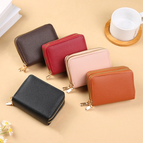 Double Zipper Card Holder PU Leather Litchi Grain Accordion Style Large Capacity Multi Card Slot Minimalist Wallet