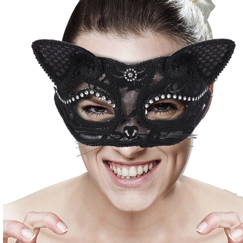 Maschera Da Mascherata In Pizzo Occhio Di Gatto Con Strass Paillette Baffi Sexy Accessori Halloween Per Donne