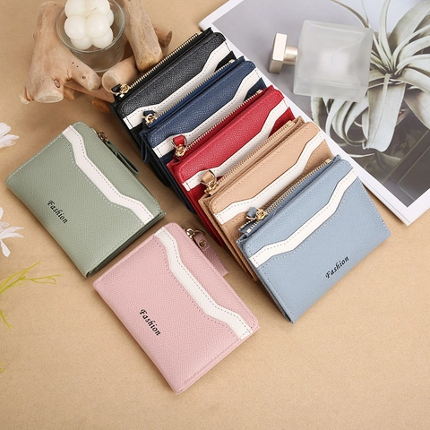 Portefeuille Court en Cuir PU Style Coréen pour Femmes Patchwork de Couleurs Contrastées Porte-monnaie Mode Petit Porte-cartes
