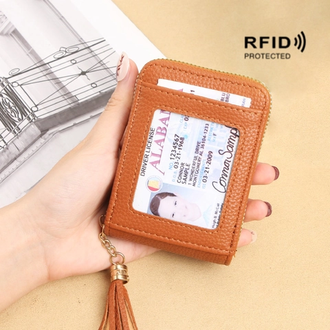 RFID Blocking Card Holder Litchi Grain PU Leather Bellows Wallet With Tassel Zipper Short Multi Slot Coin Purse For Women Men