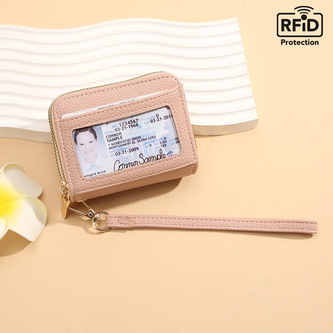 RFID Blocking PU Leather Card Holder Wallet With Transparent ID Window Accordion Multi Slot Case For Women Men Portable Wristlet Zipper Purse