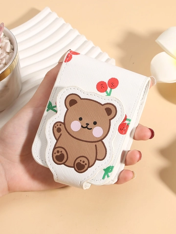 Cartoon Bear Cherry Print Mini Lipstick Storage Bag With Mirror Portable PU Leather Makeup Organizer Case Small Cosmetic Pouch