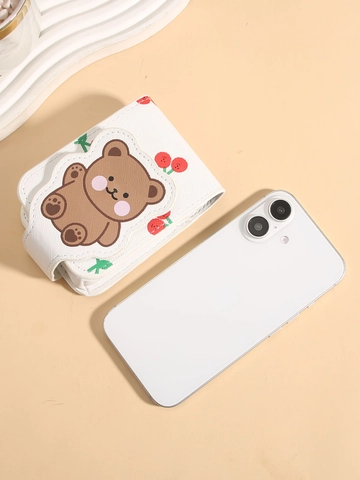 Cartoon Bear Cherry Print Mini Lipstick Storage Bag With Mirror Portable PU Leather Makeup Organizer Case Small Cosmetic Pouch
