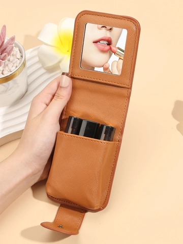 Portable PU Leather Lipstick Bag With Built-in Mirror Retro Sunflower Button Saffiano Mini Cosmetic Organizer For Women