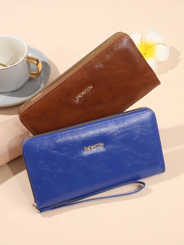 Cartera Larga para Mujer de Cuero PU de Gran Capacidad Cremallera Bolso de Mano Moda Cuero de Cera Tarjetero Organizador con Asa