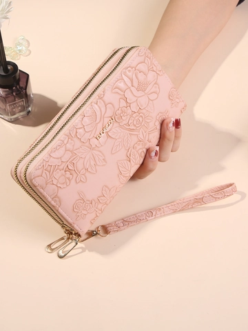 Dames Lange PU Leren Portemonnee Bloemen Reliëf Dual Rits Clutch Tas Grote Capaciteit Met Polsbandje
