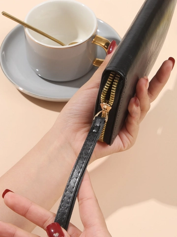 Cartera Larga para Mujer de Cuero PU de Gran Capacidad Cremallera Bolso de Mano Moda Cuero de Cera Tarjetero Organizador con Asa
