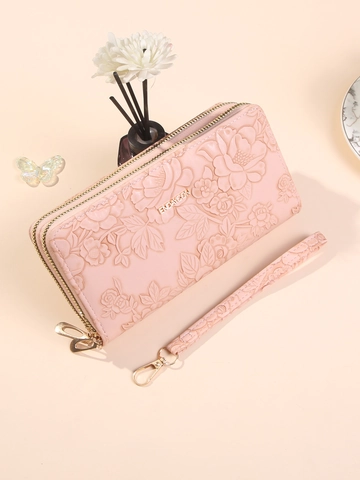 Dames Lange PU Leren Portemonnee Bloemen Reliëf Dual Rits Clutch Tas Grote Capaciteit Met Polsbandje