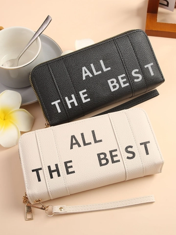 Cartera Larga de Cuero PU para Mujer Moda Gran Capacidad Doble Cremallera Bolso de Mano Con Correa de Muñeca All The Best Estampado de Letras Bolso