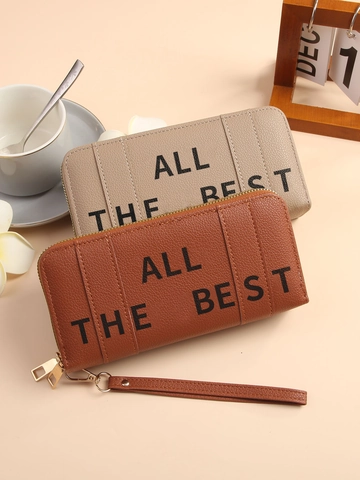 Cartera Larga de Cuero PU para Mujer Moda Gran Capacidad Doble Cremallera Bolso de Mano Con Correa de Muñeca All The Best Estampado de Letras Bolso