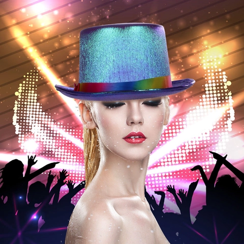 Iridescent Carnival Top Hat Metallic Performance Magic Hat With Rainbow Ribbon For Party Club Stage Costume Prop Men Women