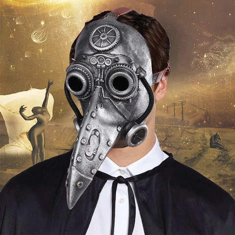 Maschera Da Medico Della Peste Steampunk Naso Lungo Becco D'Uccello Occhiali Lattice Argento Per Halloween Cosplay