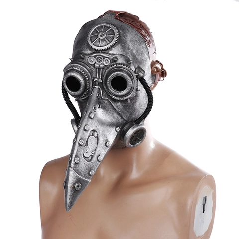 Maschera Da Medico Della Peste Steampunk Naso Lungo Becco D'Uccello Occhiali Lattice Argento Per Halloween Cosplay