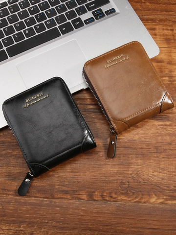 Men Short Horizontal Wallet Vintage PU Leather Zipper Around Purse With Card Slots And Coin Pocket For Business Casual
