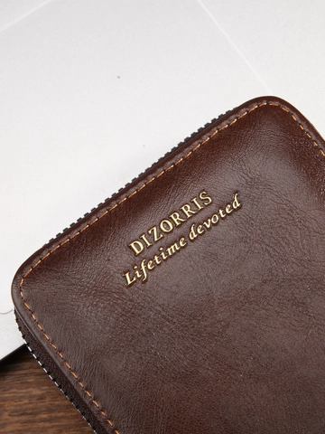 Men Short Horizontal Wallet Vintage PU Leather Zipper Around Purse With Card Slots And Coin Pocket For Business Casual