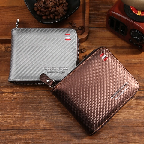 Men Business Wallet Carbon Fiber Texture Large Capacity Zipper Wallet PU Leather Card Holder Multi Slots Daily Purse