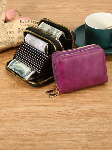 RFID Blocking Card Holder Wallet For Women Double Zipper PU Leather Large Capacity Accordion Style Credit Card Organizer