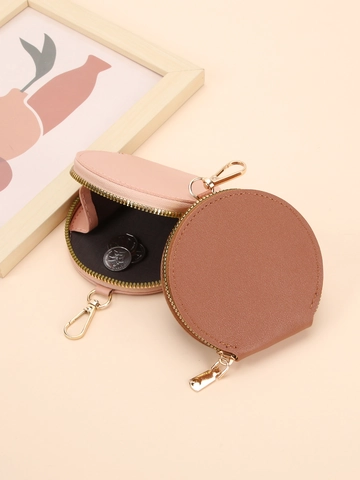 Runde PVC Leder Münzbörse Mit Reißverschluss Goldener Metallhaken Litschi Textur Mini Tragbare Tasche Für Schlüssel Münzen Lagerung Damen Mädchen