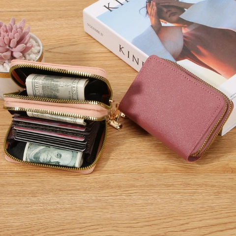 Porte-cartes Accordéon à Double Fermeture Éclair Grande Capacité Portefeuille en Cuir PVC Fonction Antivol Homme Femme Quotidien