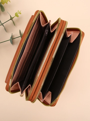 Women PU Leather Mobile Phone Crossbody Bag Double Zipper Long Wallet Purse With Small Round Pouch Daily Shoulder Bag