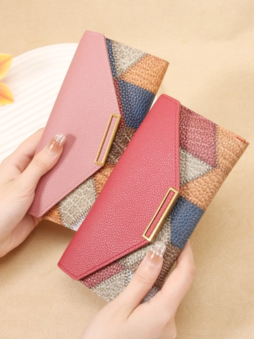 Portefeuille Long pour Femme Patchwork Géométrique Color-Block Cuir PU Texture Litchi Pochette Grande Capacité Porte-Cartes Boucle en Métal