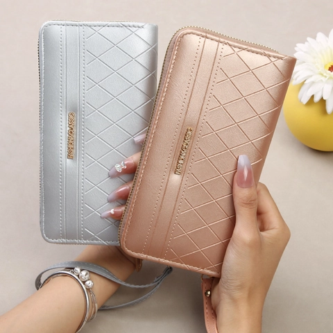 Cartera Larga para Mujer Patrón de Diamante Acolchado Cuero PVC Bolso de Mano Con Correa de Muñeca Porta Tarjetas Gran Capacidad
