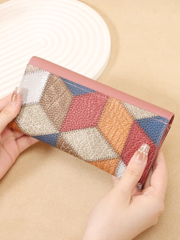 Portefeuille Long pour Femme Patchwork Géométrique Color-Block Cuir PU Texture Litchi Pochette Grande Capacité Porte-Cartes Boucle en Métal