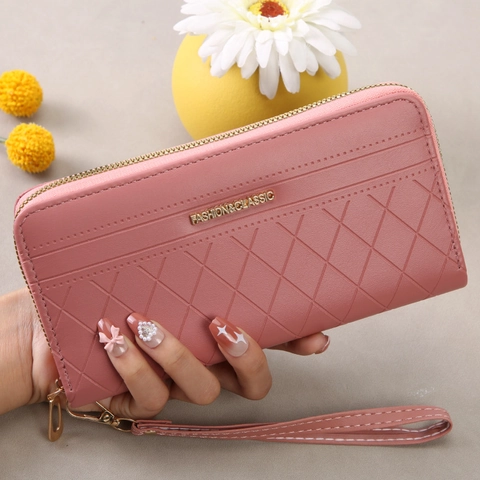 Cartera Larga para Mujer Patrón de Diamante Acolchado Cuero PVC Bolso de Mano Con Correa de Muñeca Porta Tarjetas Gran Capacidad