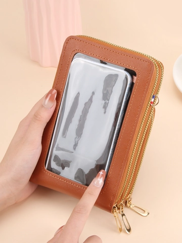 Bolso para Teléfono Cruzado de Cuero PU de Moda para Mujer Gran Capacidad Triple Cremallera Pantalla Táctil Con Monedero Redondo