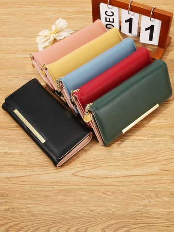 Womens PU Leather Long Wallet Korean Solid Color Bifold Purse Card Holder Phone Clutch With Gold Metal Bar For Daily Use