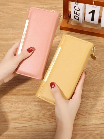 Womens PU Leather Long Wallet Korean Solid Color Bifold Purse Card Holder Phone Clutch With Gold Metal Bar For Daily Use