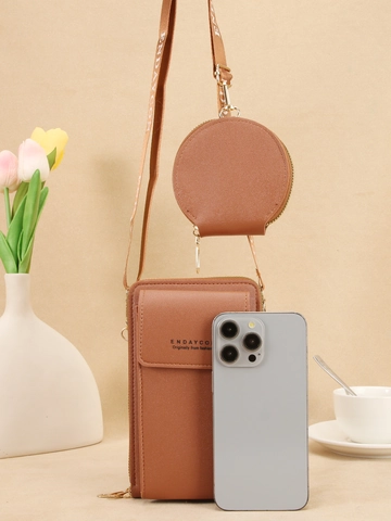 Women's Mobile Phone Bag And Round Coin Purse PVC Leather Vertical Square Crossbody Handbag With Wide Letter Strap Casual Purse