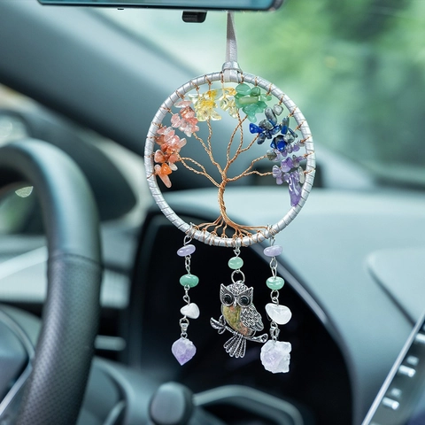 Tree Of Life Dreamcatcher Owl Hanging Ornament With Natural Healing Crystal Stones Handmade Bohemian Car Home Decor