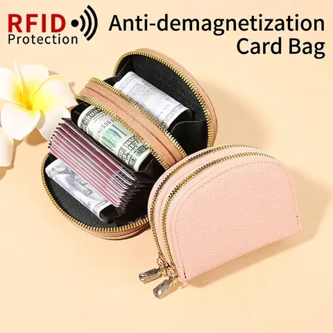 Double Zipper Semi Circle Card Holder RFID Blocking PU Leather Multi Slot Accordion Wallet For Women
