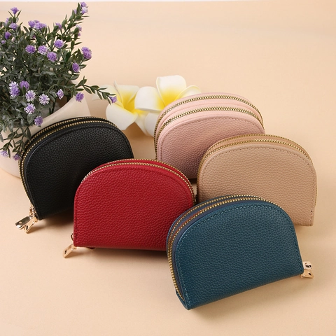 Double Zipper Semi Circle Card Holder RFID Blocking PU Leather Multi Slot Accordion Wallet For Women