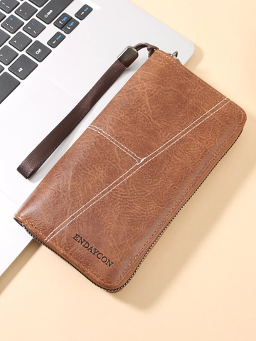 Vintage Men Long Zipper Wallet PVC Leather Large Capacity Clutch Bag With Hand Strap Retro Business Solid Color Card Holder