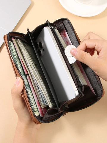Vintage Men Long Zipper Wallet PVC Leather Large Capacity Clutch Bag With Hand Strap Retro Business Solid Color Card Holder