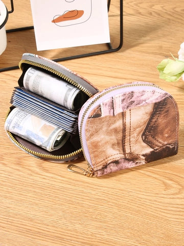 Vintage Denim Print PU Leather Accordion Card Holder Large Capacity Half Moon Coin Purse Zipper Wallet For Women Daily Use
