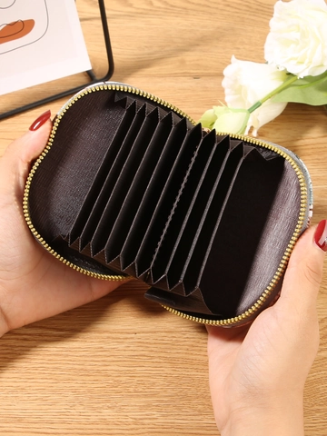Vintage Denim Print PU Leather Accordion Card Holder Large Capacity Half Moon Coin Purse Zipper Wallet For Women Daily Use