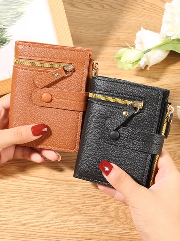 Women Small Short Bifold Wallet PVC Litchi Pattern Coin Purse Multi Functional Card Holder Zipper Pocket Minimalist Purse Lady