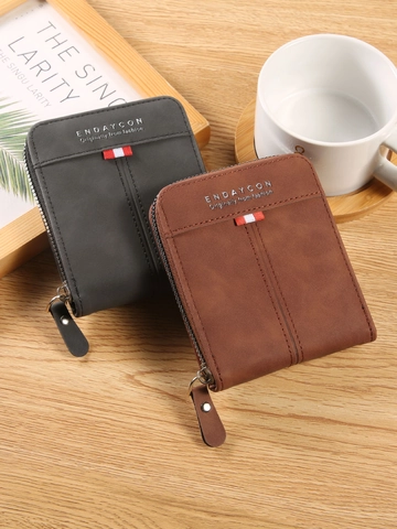 Men Short Wallet Matte Faux Leather Zipper Bi-fold Retro Card Slots ID Window Casual Fashionable Durable Purse Organizer