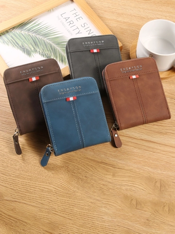 Men Short Wallet Matte Faux Leather Zipper Bi-fold Retro Card Slots ID Window Casual Fashionable Durable Purse Organizer