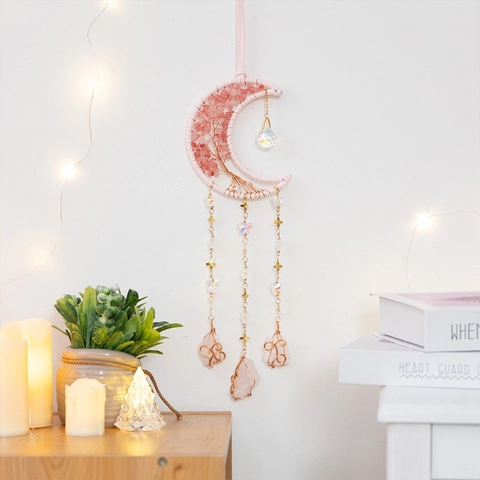 Bohemian Moon Dream Catcher Tree of Life Wall Hanging Decor With Raw Stone Crystals Tassels Handmade Home Bedroom Ornament Wind Chime Gift