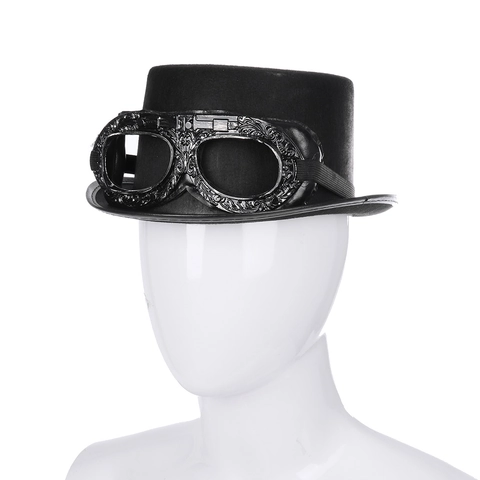 Retro Steampunk Black Top Hat With Relief Carved Goggles For Halloween Cosplay Party Masquerade Costume Accessory For Adult Unisex