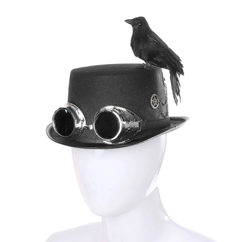 Steampunk Gothic Top Hat With Retro Goggles And Feathered Crow Metal Gears Chains For Halloween Party Costume Accessory