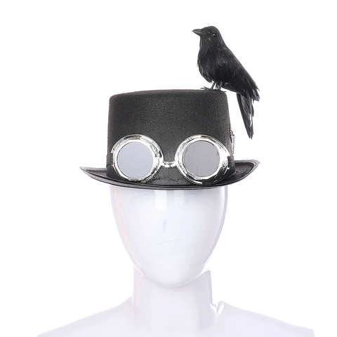 Steampunk Gothic Top Hat With Retro Goggles And Feathered Crow Metal Gears Chains For Halloween Party Costume Accessory