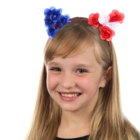 Serre-tête Fleurs Couleurs Drapeau Américain Rouge Blanc Bleu Couronne de Roses Accessoire de Costume de Fête Carnaval