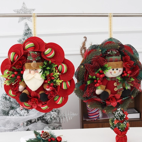 Ghirlanda Di Natale Da Parete Con Babbo Natale Pupazzo De Neve In Peluche Bacche Artificiali Aghi Di Pino Arredo